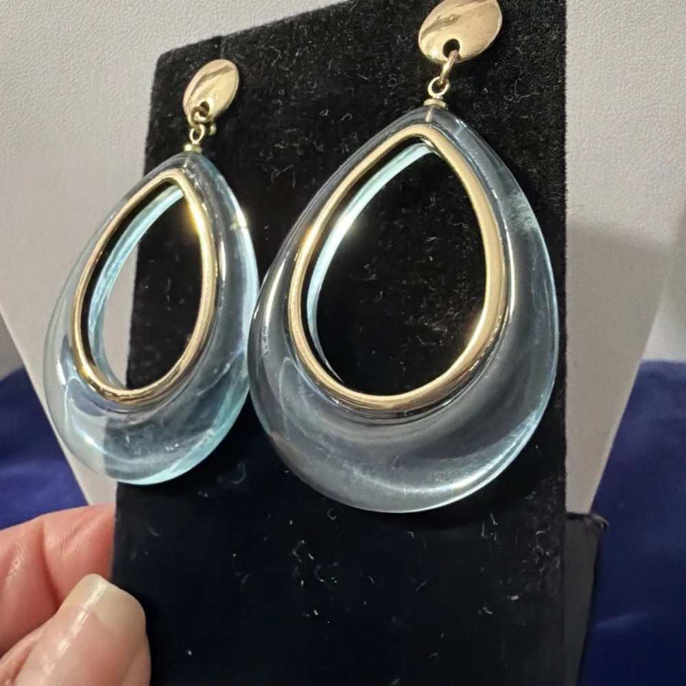 Teardrop acetate dangling Clear Blue Gold Tone Earrings